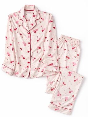 Women's Pink Cherry-Print Pajama Set with Contrast Piping
